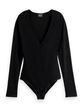 Scotch Soda Size XL Black Long Sleeved Wrapped Knit Bodysuit V Neck Surplice